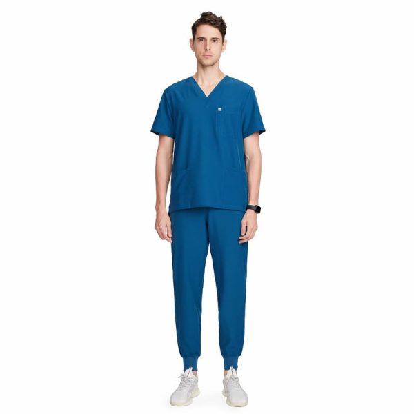 Uniforms World Louis Scrubs Set for Men — Classic V-Neck Stretch Top & Jogger Pants Yoga Waistband, 8 Pockets