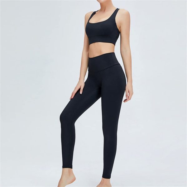 Tight Nude Yoga Suit Skin-friendly Cross-back Hip-lifting Sportswear Two-piece Set(Large)