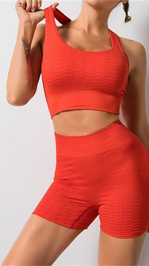 Yoga Bra Female European and American Seamless Vest High Waist Peach Hip Shorts Sports Fitness Set(Large)