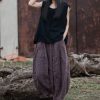Women Wide Leg Elastic Waist Cotton Linen Distressed Patchwork Pumpkin Style Wide Leg 3/4 Length Cropped Pants