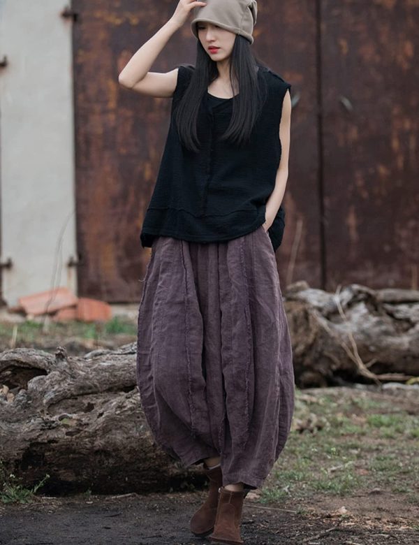 Women Wide Leg Elastic Waist Cotton Linen Distressed Patchwork Pumpkin Style Wide Leg 3/4 Length Cropped Pants