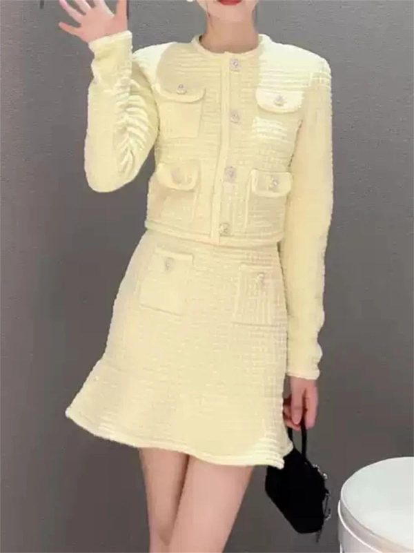 Women's Grid Print Skirt Set - Round Neck Long Sleeve Top & High Waist Mini Skirt