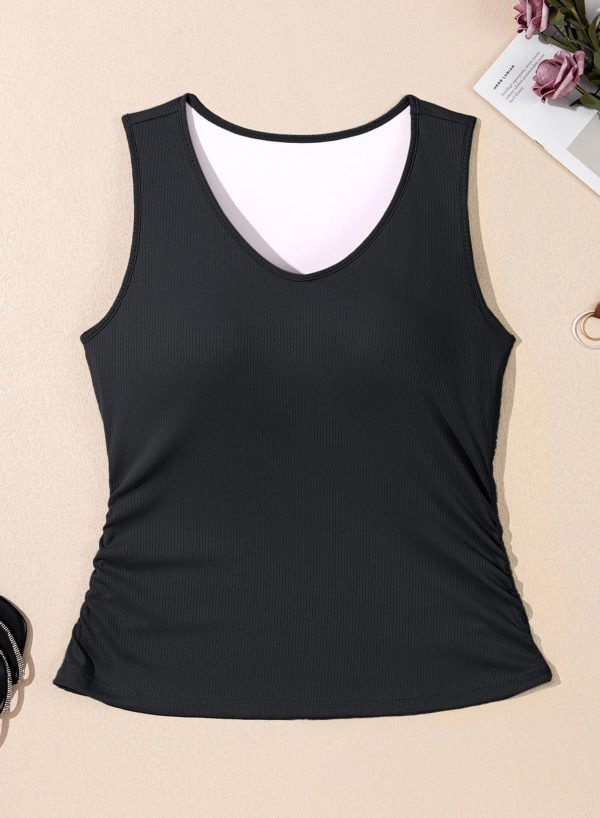 Tank Top with Built in Bra for Women Casual Summer Sleeveless Tops Slim Fitted V Neck Ruched Cami Shirts