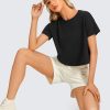 Women's Pima Cotton Workout Short Sleeve Shirts Loose Athletic Crop Tops Gym Casual Cropped T-Shirt
